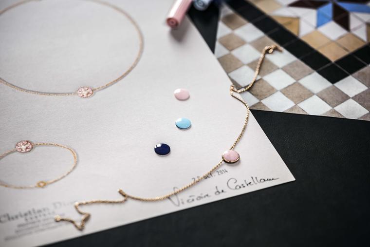 Smooth circles of lapis lazuli, turquoise and pink opal sit atop a gouache of the new Rose des Vents jewels from Dior, ready to set into the reverse of a bracelet or necklace.